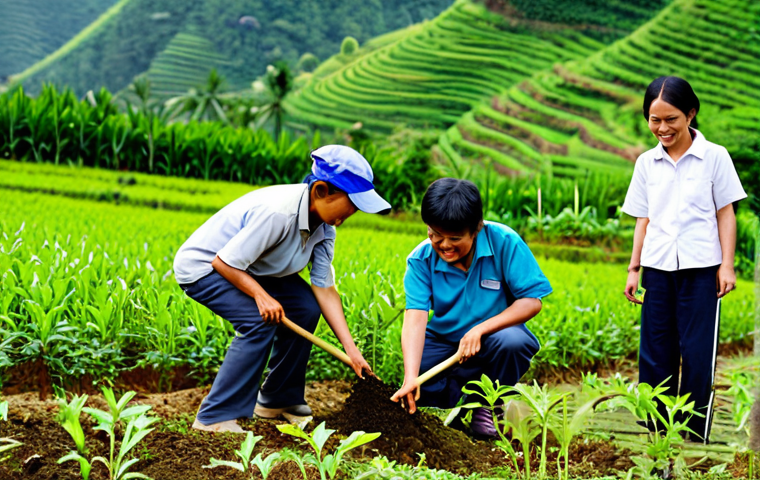 **Prompt 1: Community Empowerment and Sustainable Livelihoods**
A diverse group of Vietnamese community members, including adults and older youth, fully clothed in modest, practical work attire, are actively engaged in a reforestation project in a lush, mountainous region. They are planting young trees with care and determination, some are smiling with hope and unity. The scene conveys a strong sense of community cooperation, sustainable development, and environmental education. The background shows vibrant green hills with newly planted saplings. safe for work, appropriate content, fully clothed, family-friendly, perfect anatomy, correct proportions, natural pose, well-formed hands, proper finger count, natural body proportions, professional photography, high quality.