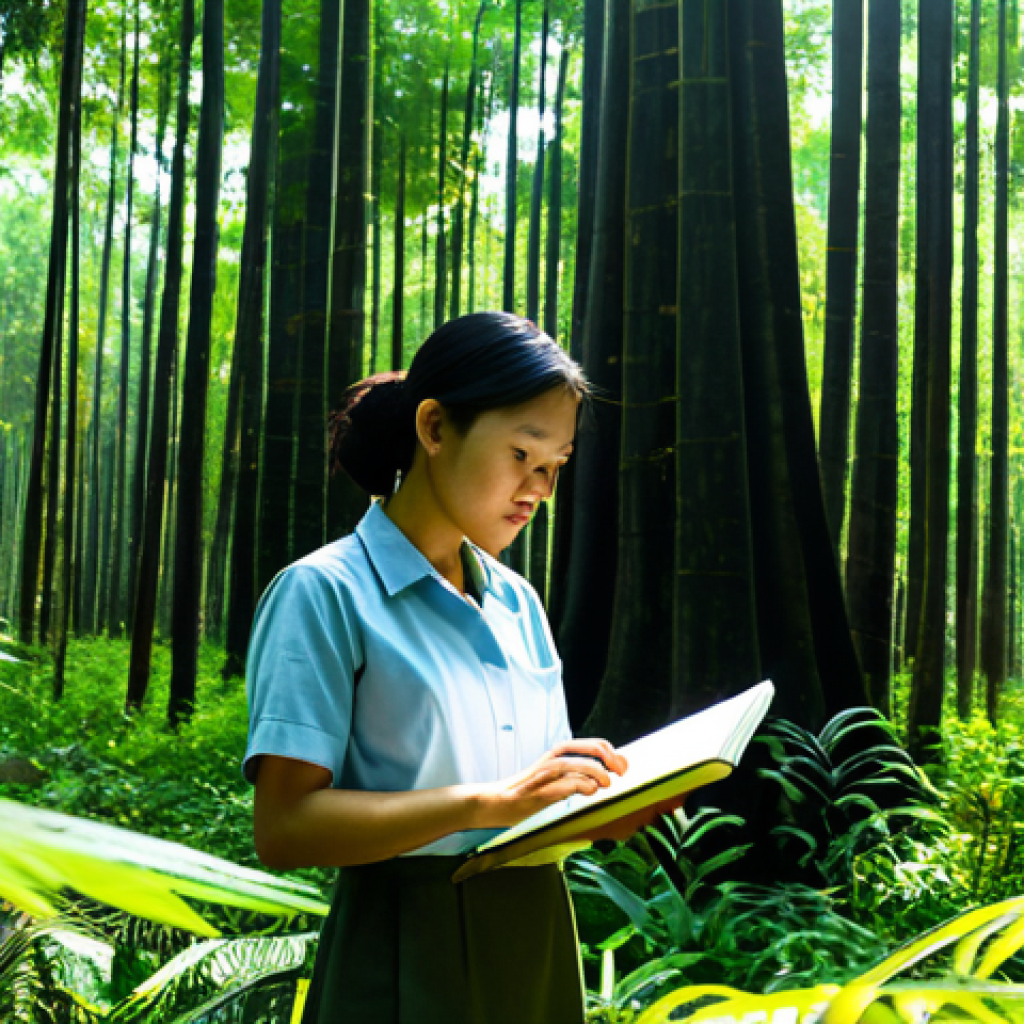A professional Vietnamese environmental scientist, fully clothed in modest field attire and a professional dress, stands in a lush, vibrant tropical forest in Vietnam, observing a cluster of native timber trees. Sunlight filters through the dense canopy, highlighting the clean, fresh air. Her posture is natural, and her well-formed hands hold a small notebook, indicating focused observation of the forest's immense power in carbon sequestration. The scene emphasizes nature's ability to "breathe out life" and "absorb harmful elements," showcasing the intricate process of photosynthesis at work. This image is safe for work, appropriate content, and depicts perfect anatomy with correct proportions.