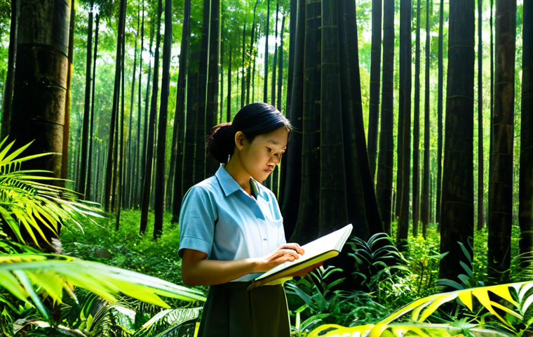 A professional Vietnamese environmental scientist, fully clothed in modest field attire and a professional dress, stands in a lush, vibrant tropical forest in Vietnam, observing a cluster of native timber trees. Sunlight filters through the dense canopy, highlighting the clean, fresh air. Her posture is natural, and her well-formed hands hold a small notebook, indicating focused observation of the forest's immense power in carbon sequestration. The scene emphasizes nature's ability to "breathe out life" and "absorb harmful elements," showcasing the intricate process of photosynthesis at work. This image is safe for work, appropriate content, and depicts perfect anatomy with correct proportions.