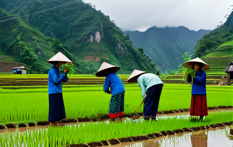 **
"A group of Vietnamese villagers, fully clothed in traditional Ao Ba Ba, are planting saplings on a terraced rice paddy field in the highlands. Lush green mountains in the background. Overcast sky. Safe for work, appropriate content, family-friendly, professional photography, perfect anatomy, natural proportions, well-formed hands. The image should evoke a sense of community and environmental stewardship."
**