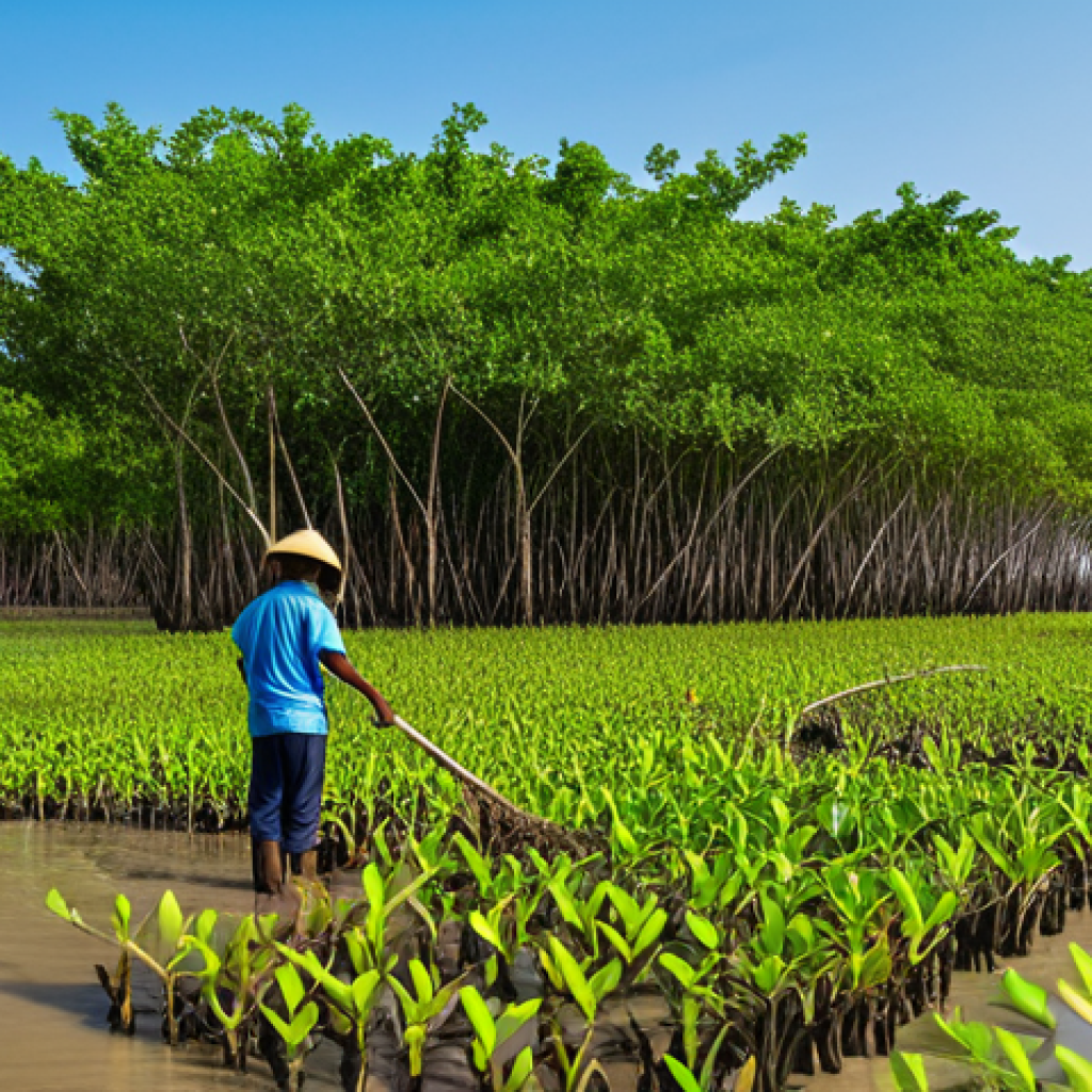 Mangrove Restoration Success in Can Gio**
"A vibrant, wide-angle photograph showcasing the lush, green mangrove forest of Can Gio, Vietnam. The scene includes a fully clothed local family planting new mangrove saplings in the muddy soil. In the background, the coastline is visible, protected by the dense mangrove trees. Focus on the positive impact of the reforestation project and the community's involvement. Include a clear blue sky and bright sunlight. Safe for work, appropriate content, fully clothed, family-friendly, professional photography, perfect anatomy, natural proportions, high quality."
**