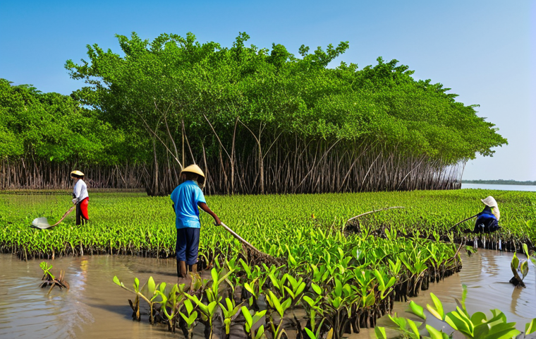 Mangrove Restoration Success in Can Gio**
"A vibrant, wide-angle photograph showcasing the lush, green mangrove forest of Can Gio, Vietnam. The scene includes a fully clothed local family planting new mangrove saplings in the muddy soil. In the background, the coastline is visible, protected by the dense mangrove trees. Focus on the positive impact of the reforestation project and the community's involvement. Include a clear blue sky and bright sunlight. Safe for work, appropriate content, fully clothed, family-friendly, professional photography, perfect anatomy, natural proportions, high quality."
**