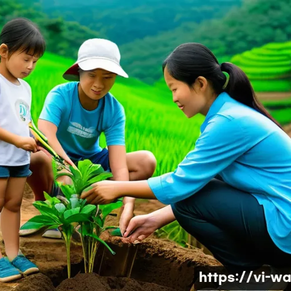 탄소 격리 식재 프로젝트에서의 파트너십 모델 - **A Vietnamese family planting trees for a sustainable future.**
A heartwarming scene featuring ...