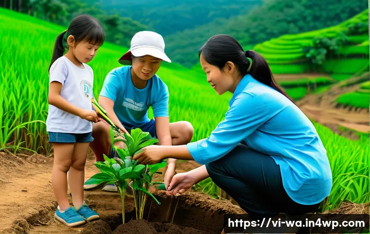 탄소 격리 식재 프로젝트에서의 파트너십 모델 - **A Vietnamese family planting trees for a sustainable future.**
A heartwarming scene featuring ...