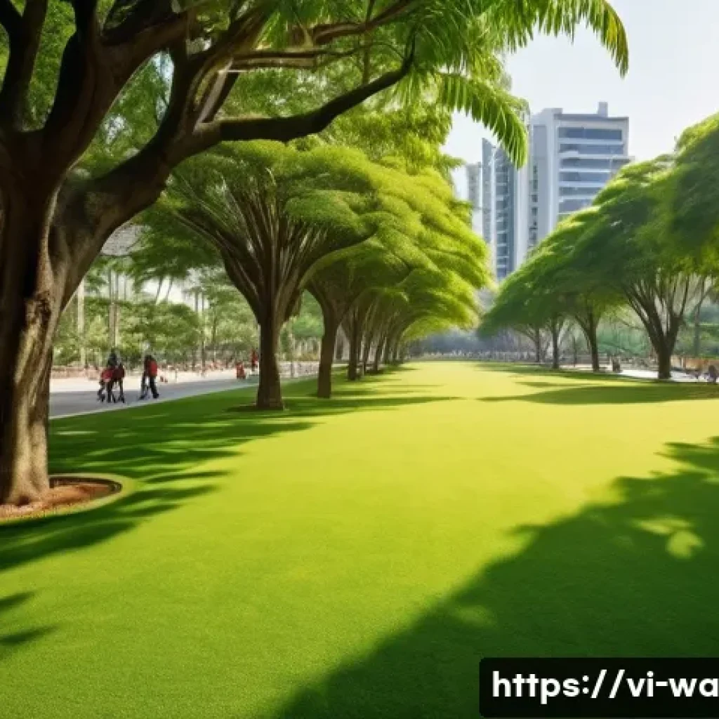 탄소 격리 식재 프로젝트의 지역 환경 개선 효과 - **Prompt:** A vibrant, sun-drenched urban park in a Vietnamese city, designed with lush, newly plant...
