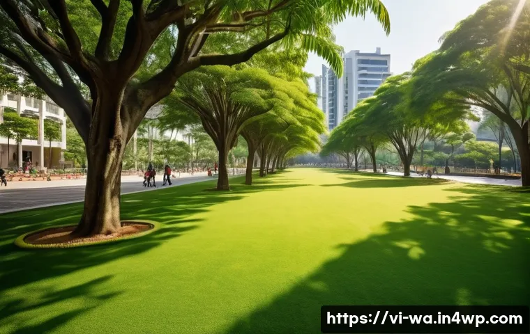 탄소 격리 식재 프로젝트의 지역 환경 개선 효과 - **Prompt:** A vibrant, sun-drenched urban park in a Vietnamese city, designed with lush, newly plant...