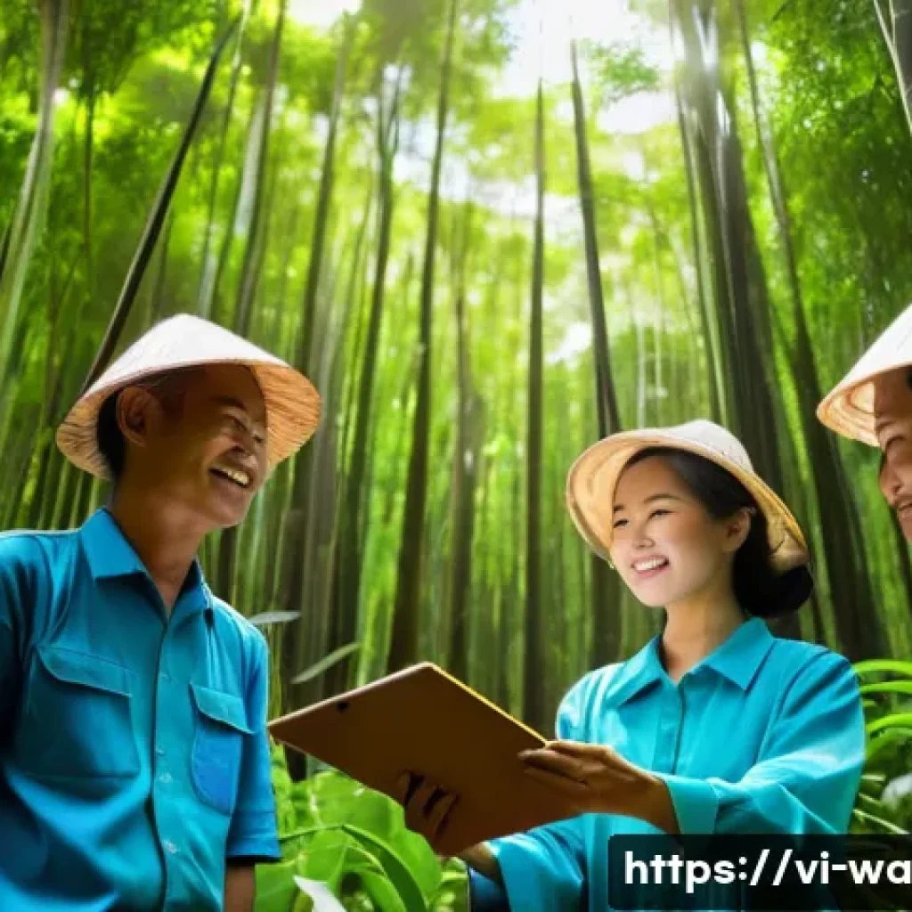 탄소 격리 식재 프로젝트의 법적 측면 - **Prompt:** A group of Vietnamese farmers and foresters, diverse in age, are gathered in a vibrant, ...