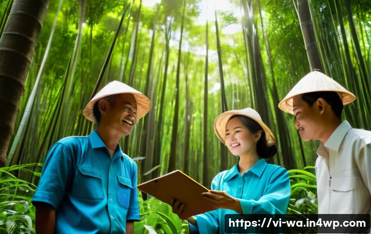 탄소 격리 식재 프로젝트의 법적 측면 - **Prompt:** A group of Vietnamese farmers and foresters, diverse in age, are gathered in a vibrant, ...