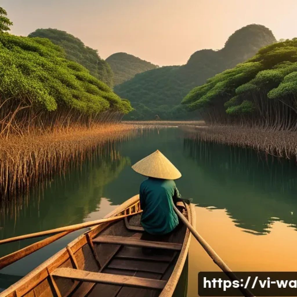 탄소 격리 식재 프로젝트의 지속 가능한 솔루션 - A vibrant Vietnamese mangrove forest along a coastal shoreline at sunrise, featuring native trees li...
