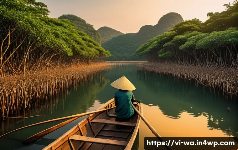 탄소 격리 식재 프로젝트의 지속 가능한 솔루션 - A vibrant Vietnamese mangrove forest along a coastal shoreline at sunrise, featuring native trees li...