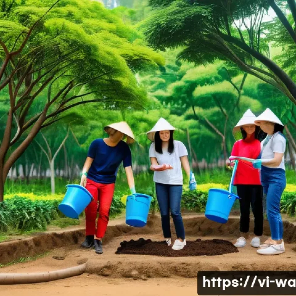 탄소 격리 식재의 주민 참여 유도 전략 - A lively outdoor community tree planting event in a Vietnamese urban park during daylight, featuring...