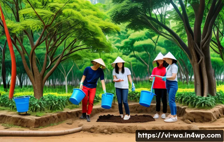 탄소 격리 식재의 주민 참여 유도 전략 - A lively outdoor community tree planting event in a Vietnamese urban park during daylight, featuring...