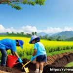 Home 22 탄소 격리 식재를 위한 자원 봉사자 교육 프로그램 - A vibrant community tree planting event in a lush Vietnamese rural setting, featuring diverse volunt...
