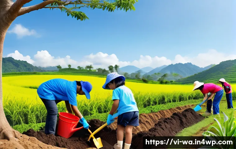 탄소 격리 식재를 위한 자원 봉사자 교육 프로그램 - A vibrant community tree planting event in a lush Vietnamese rural setting, featuring diverse volunt...