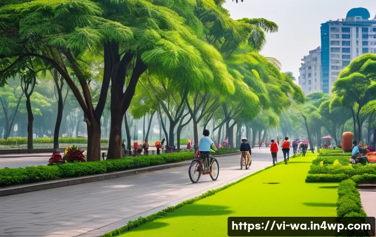 탄소 격리 식재 프로젝트의 기후 변화 대응 전략 - A vibrant urban park scene in Hanoi, Vietnam, showcasing a diverse mix of mature and young trees alo...