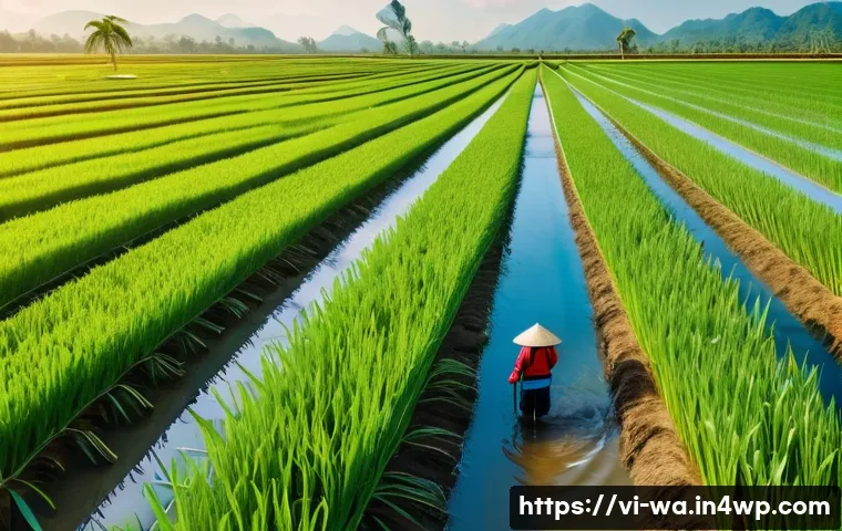 탄소 격리 식재의 효과적인 자원 관리 기술 - A modern Vietnamese agricultural farm featuring an advanced smart irrigation system with automated s...