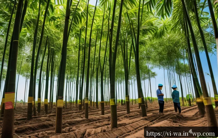 탄소 격리 식재 프로젝트의 디지털 기술 활용 방안 - A high-tech carbon absorption tree plantation site in rural Vietnam, featuring diverse IoT sensors i...