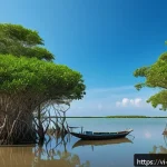 Home 18 탄소 격리 식재를 위한 생태계 복원 전략 - A vibrant mangrove forest along the Vietnamese coastline at sunrise, dense with Rhizophora and Avice...