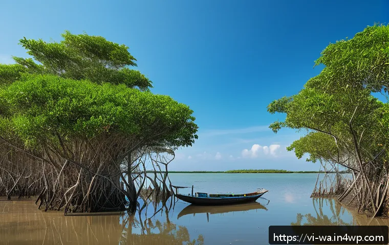 탄소 격리 식재를 위한 생태계 복원 전략 - A vibrant mangrove forest along the Vietnamese coastline at sunrise, dense with Rhizophora and Avice...