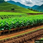 Home 23 탄소 격리 식재의 혁신적 기술 개발 동향 - A detailed agricultural scene in the Central Highlands of Vietnam showcasing an intercropping system...