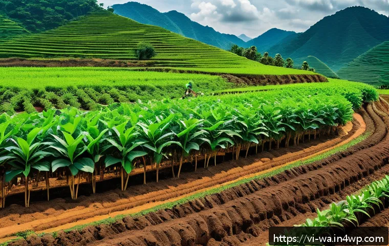 탄소 격리 식재의 혁신적 기술 개발 동향 - A detailed agricultural scene in the Central Highlands of Vietnam showcasing an intercropping system...