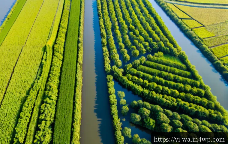 Home 17 탄소 격리 식재 프로젝트의 기후 정책 연계 방안 - Photorealistic aerial view of a large mangrove restoration project along a tropical Vietnamese river...